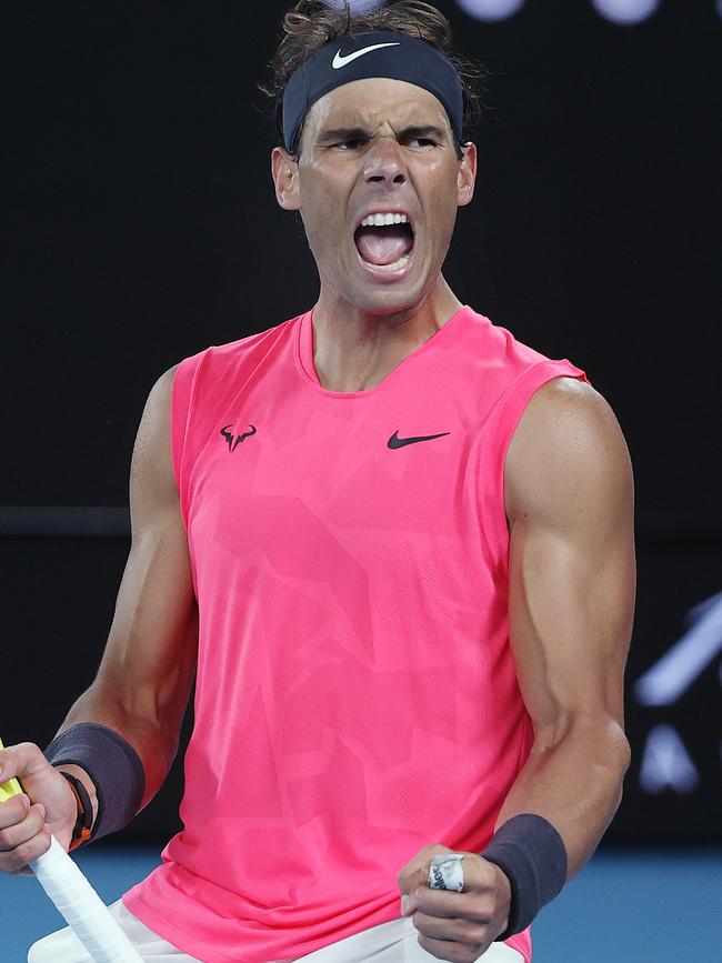 Nadal celebrates against the Aussie after taking the third set in the same match.