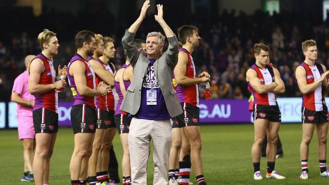 Maddie and Nick’s dad, Joe Riewoldt, applauds the crowd after Maddie’s Match. Picture: Robert Cianflone/Getty Images