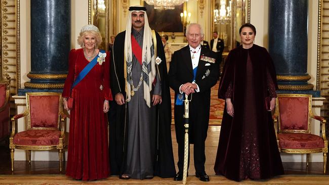 Queen Camilla, Emir Sheikh Tamim bin Hamad al-Thani, King Charles III and Sheikha Jawaher bint Hamad bin Suhaim al-Thani at the state banquet. Picture: Aaron Chown/AFP