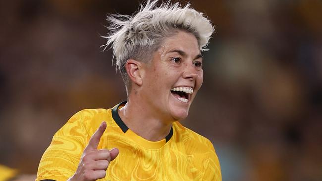 MELBOURNE, AUSTRALIA - FEBRUARY 28: Michelle Heyman of the Matildas celebrates a goal during the AFC Women's Olympic Football Tournament Paris 2024 Asian Qualifier Round 3 match between Australia Matildas and Uzbekistan at Marvel Stadium on February 28, 2024 in Melbourne, Australia. (Photo by Darrian Traynor/Getty Images)