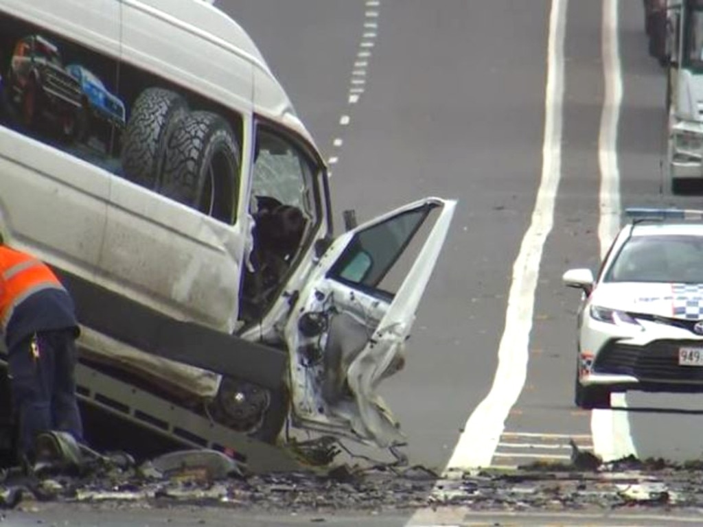 The two men, aged in their 40s and 50s, were driving in separate cars when they crashed head-on on the Bruce Hwy at Owanyilla on the Fraser Coast. Picture: 7News