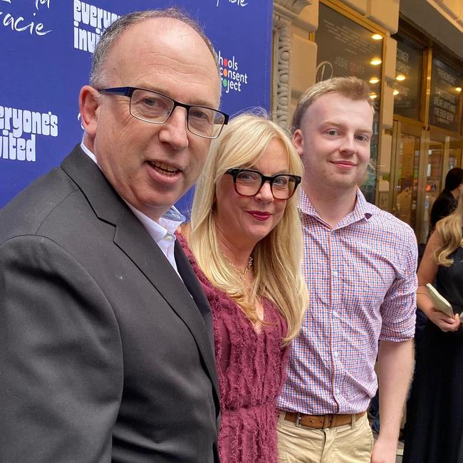 Robert Beech-Jones, Miller and their son at the opening night of Prima Facie on Broadway. Source: Supplied