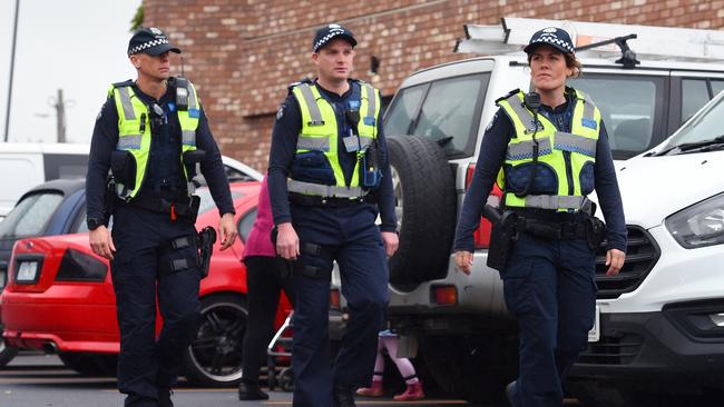 Victoria Police on patrol at the shopping centre. Picture: Josie Hayden