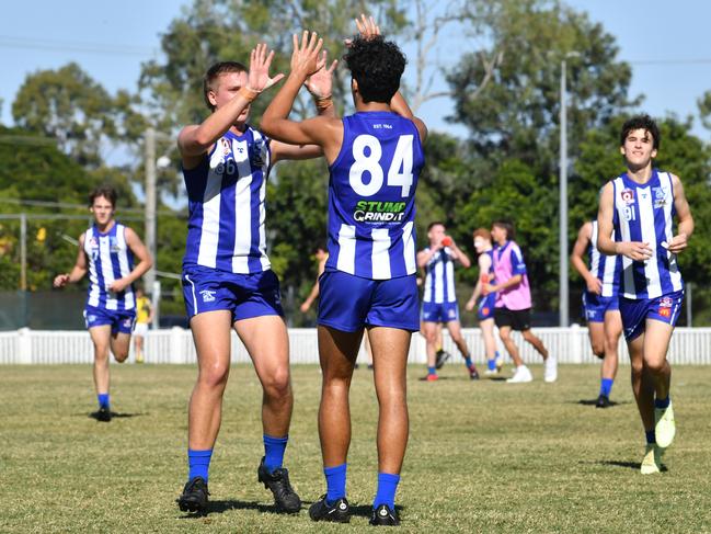 Mt Gravatt players celebrate a goalQAFL footy colts between Mt Gravatt and LabradorSaturday May 6, 2023. Picture, John Gass