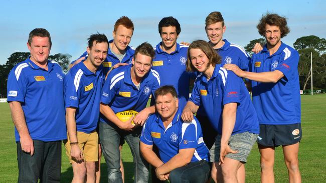 Sunbury recruits Chris Tsardakis, Jesse McInneny, Ben McInneny, Grant Valles, Roger Allan, Joe Redfern and Alik Magin with coach Rick Horwood and list manager Chris MacDonough. Picture: Carmelo Bazzano.