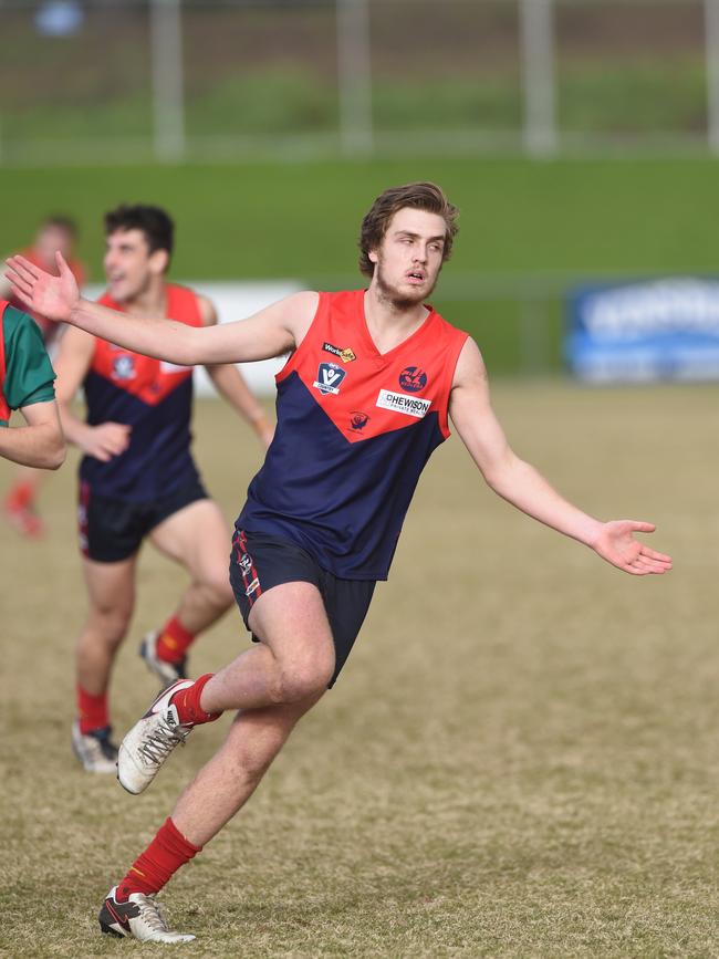 Jordan Capkin celebrates a goal for Mt Eliza.