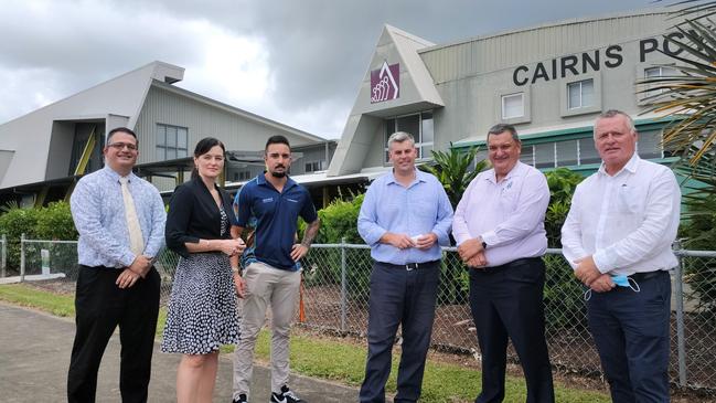 Youth Justice Department Deputy Director-General Phillip Brooks, Youth Justice Minister Leanne Linard, Youth Justice co-responded Joel Karwan, Police Minister Mark Ryan, Queensland Police Union Far North executive member Gil Dyett and Cairns MP Michael Healy visit Cairns PCYC on February 16 in the wake of Bradley Smith’s stolen car death. Picture: Chris Calcino