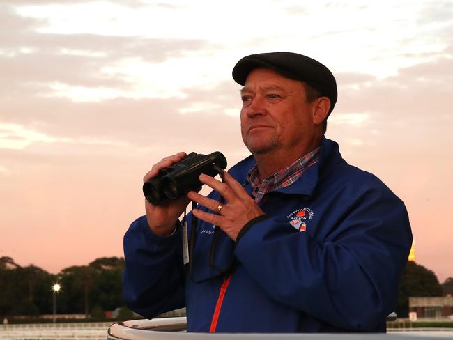 Tony McEvoy keeps an eye on smart mare Sunlight during trackwork.