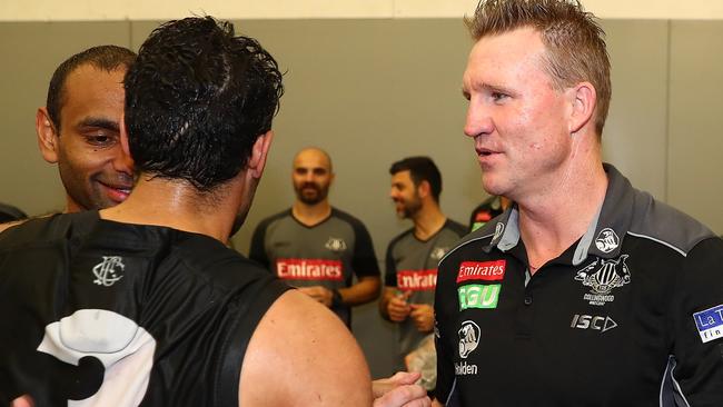 Nathan Buckley congratulates Daniel Wells after the match. Picture: Getty Images