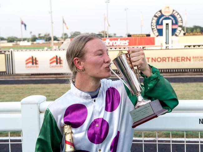 Jockey Sonja Wiseman, pictured savouring her victory on Sanblas after the 2021 NT Derby. She was injured in a fall on Wednesday but was conscious afterwards. Picture: Caroline Camilleri