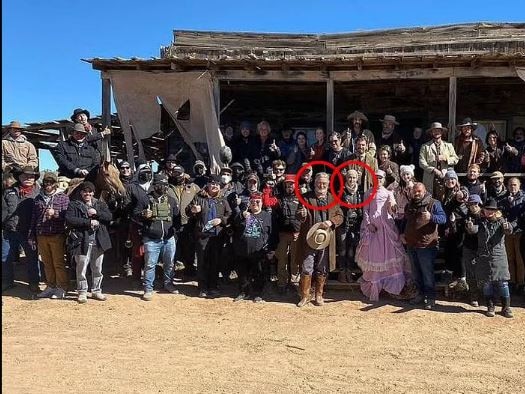 Alec Baldwin and Halyna Hutchins (circled) are pictured together on the set of Rust, in an image that she uploaded to Instagram two days ago. Picture: Supplied