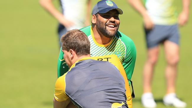 Sam Thaiday trains Matt Moylan in Perth before the squad flew out to the UK.