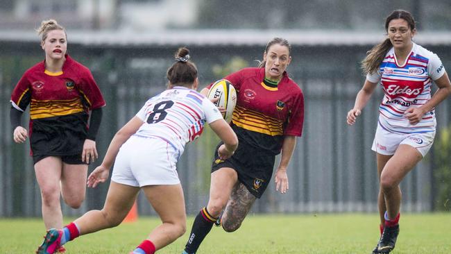 Central Coast player Holly Johnstone in action during their NSW Country Women's Rugby 7s round-robin game v Newcastle Hunter at Woy Woy Oval on Saturday, 14 March, 2020. Picture: Troy Snook