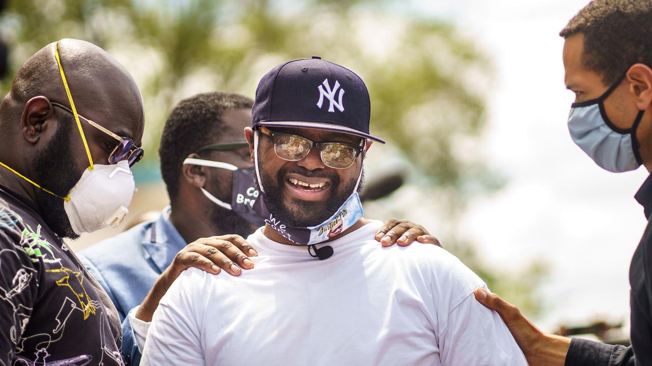 Terrence Floyd was emotional as he addressed the protesters, telling them his brother would not want them to be destroying things in his name. Picture: Kerem Yucel/AFP