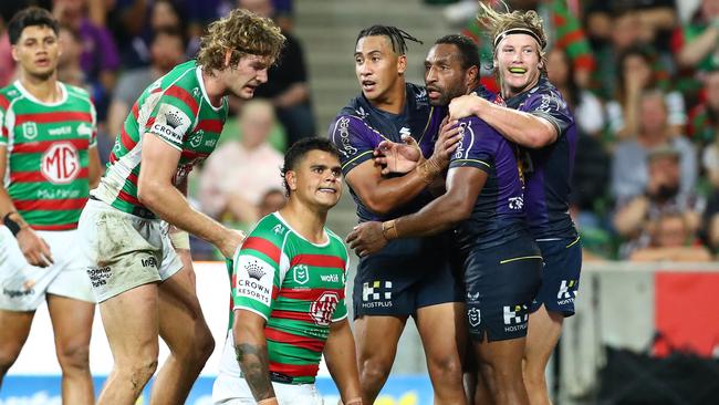 MELBOURNE, AUSTRALIA – MARCH 17: Justin Olam of the Storm celebrates a try during the round two NRL match between the Melbourne Storm and the South Sydney Rabbitohs at AAMI Park, on March 17, 2022, in Melbourne, Australia. (Photo by Kelly Defina/Getty Images)