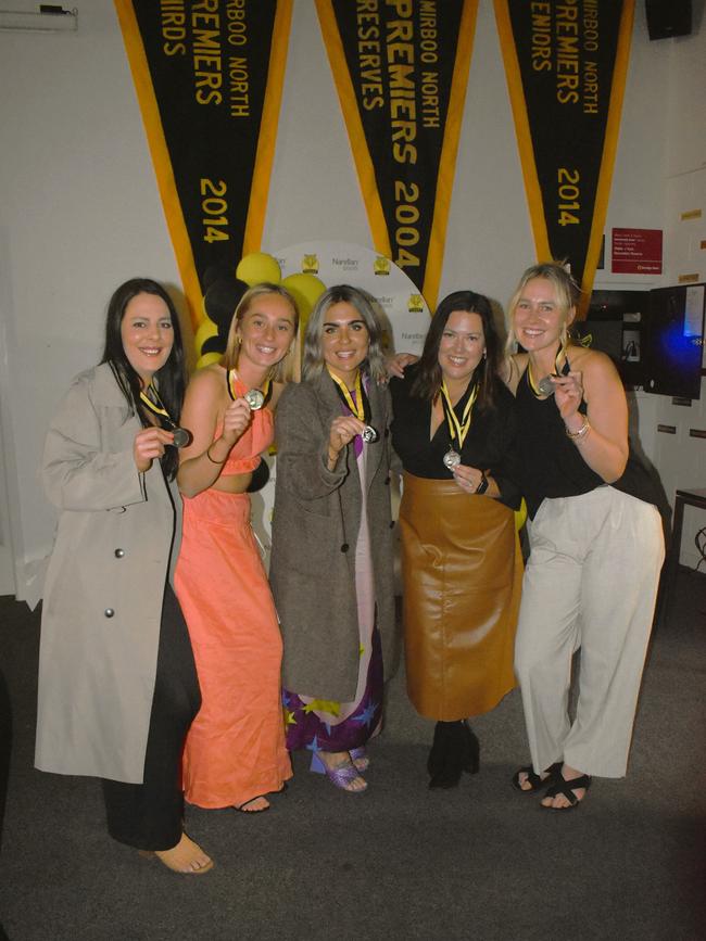 The Mirboo North Football Netball Club Tigers Presentation Night 2024 on Saturday, September 21, 2024: Ashlee Hilliar, Lily Maxwell, Jessie Holland, Stacey Harriage and Christina Stoertebecker. Picture: Jack Colantuono