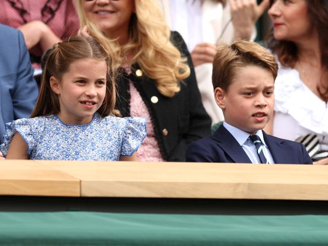 Princess Charlotte and Prince George in the Royal Box ahead of the Men's Singles Final at Wimbledon. Picture: Getty Images