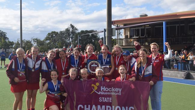 2021 Under 13 Girls State Championships – Division 2 winners Brisbane 3 (no order): Zara Macpherson, Ava Woolridge (captain), Chai Harvey, Klara Row, Hannah Smith, Rhianna Young, Emma Delaney, Charlotte Miles, Chloe Bender, Bronte Lahy, Emily Macdowell, Grace Mackenzie, Phoebe Baker, Marcelle Tziolis (GK), Amy Lightbody (coach), Susan Delaney (manager). Pictures: Josh Preston