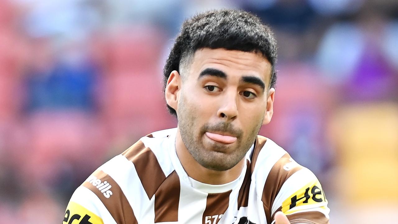 BRISBANE, AUSTRALIA - SEPTEMBER 25: Tyrone May of the Panthers passes during the warm-up before the NRL Preliminary Final match between the Melbourne Storm and the Penrith Panthers at Suncorp Stadium on September 25, 2021 in Brisbane, Australia. (Photo by Bradley Kanaris/Getty Images)