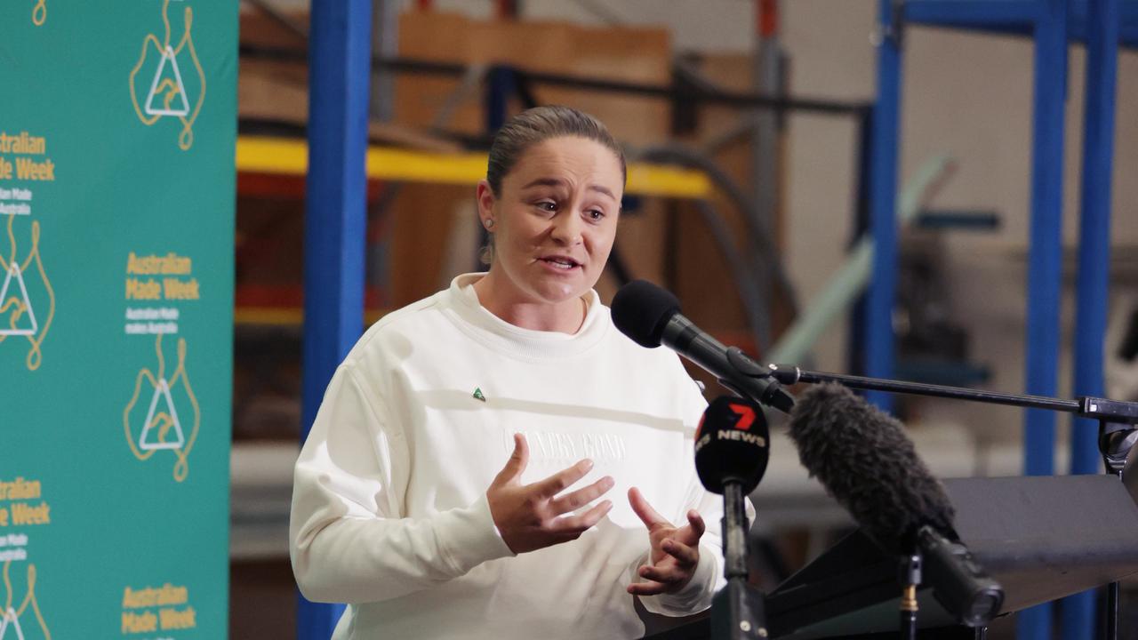 Former tennis champion and Australian Made ambassador Ash Barty at the launch of Australian Made Week at MJ Playgrounds in Coolum Beach industrial estate. Picture: Lachie Millard