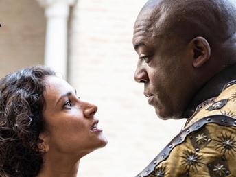 TV Guide first use April 12: Do not publish. Game of Thrones Season 5. Indira Varma as Ellaria Sand and Deobia Opaeri as Areo Hotah. Photo Credit: Macall B. Polay/HBO **(web res only)**