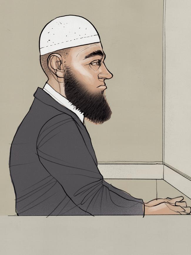 Court drawing of Agim Kruezi during his sentencing.