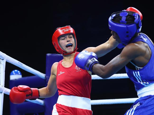 GOLD COAST, AUSTRALIA - APRIL 10:  Skye Nicolson of Australia and Christelle Aurore Ndiang of Cameroon compete in the Women's 57kg Quarterfinal Boxing on day six of the Gold Coast 2018 Commonwealth Games at Oxenford Studios on April 10, 2018 on the Gold Coast, Australia.  (Photo by Chris Hyde/Getty Images)