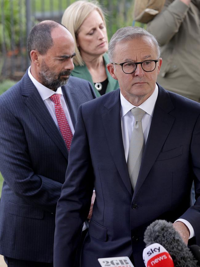 Anthony Albanese with Labor candidate Ross Hart and Shadow Finance Minister Katy Gallagher. Picture: Toby Zerna