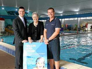 COST CUTTING: Lismore City Council general manager Gary Murphy, Mayor Jenny Dowell and Goonellabah Sports and Aquatic Centre manager Graham Walker showcase energy efficiency upgrades to the Goonellabah Sports and Aquatic Centre and the Lismore Memorial Baths. Picture: Leah White