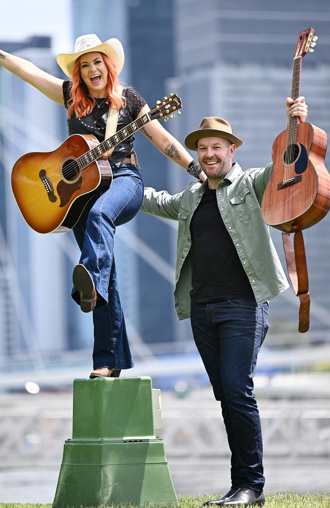 21/10/2024: Country music artists Taylor Moss and Brad Butcher, at the the launch of Queensland Music Festival's Outback Trails, at South Bank, Brisbane. pic: Lyndon Mechielsen/Courier Mail