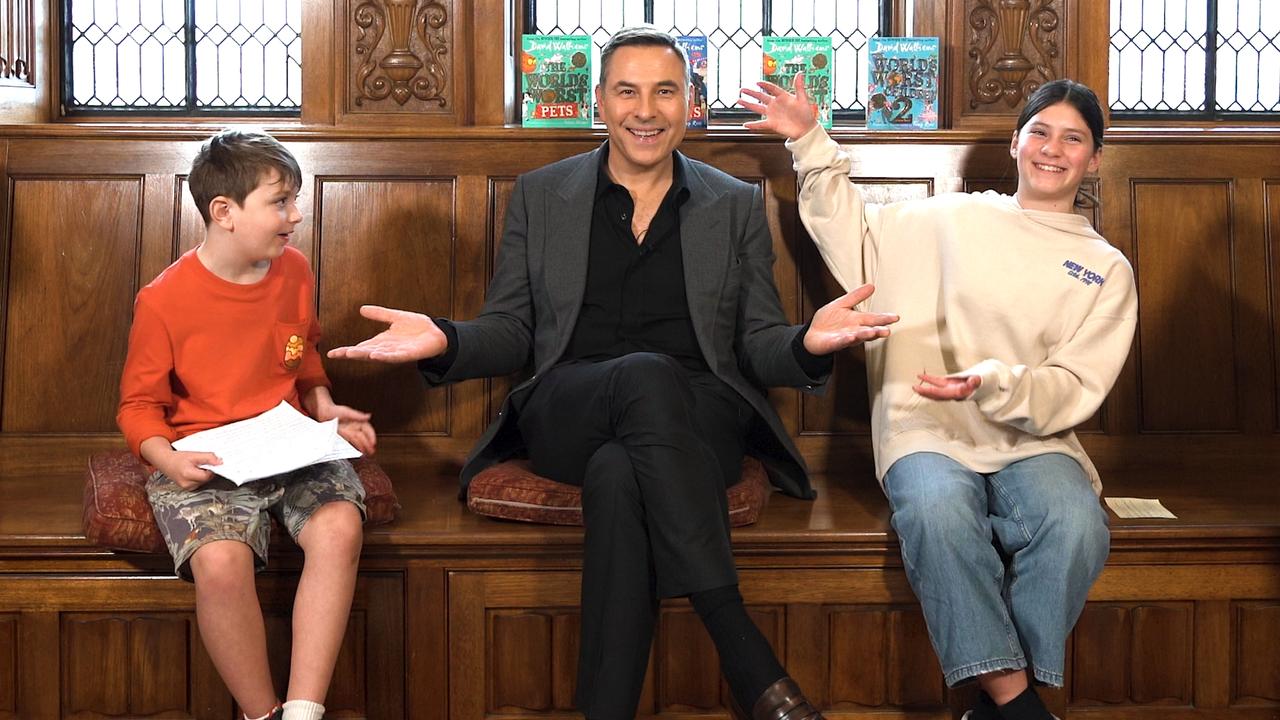 Walliams with Kids News cub reporters Atticus Jenkins and Iris Le Vay at the NSW State Library in 2022. Picture: Ankit Mishra