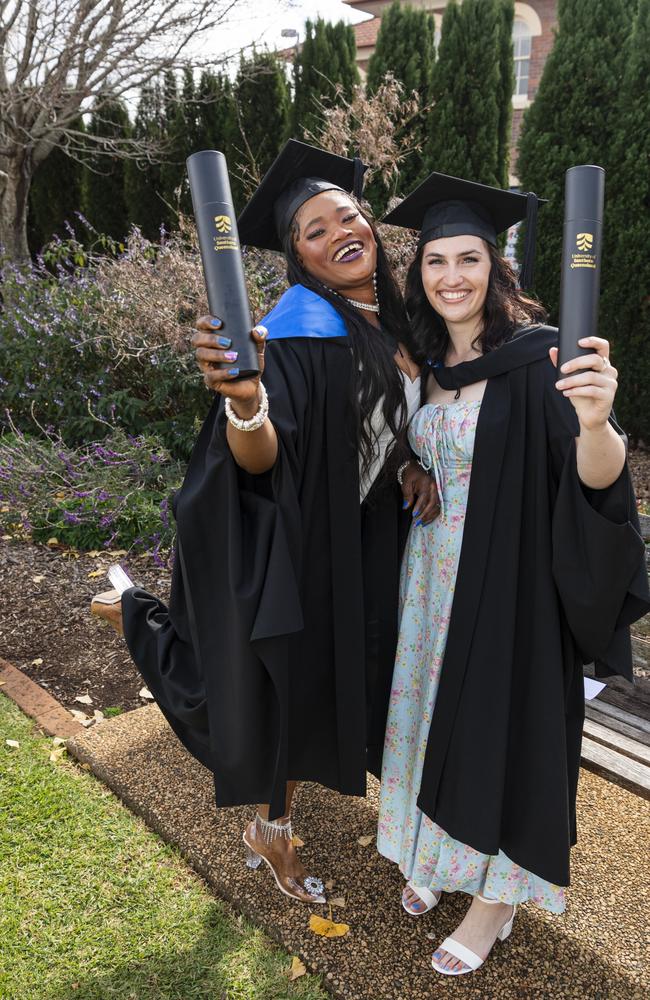 Master of General Nursing (Clinical) graduate Roslyn Kamara (left) celebrates with Bachelor of Nursing graduate Jacinta Gilson at a UniSQ graduation ceremony at The Empire, Tuesday, June 25, 2024. Picture: Kevin Farmer