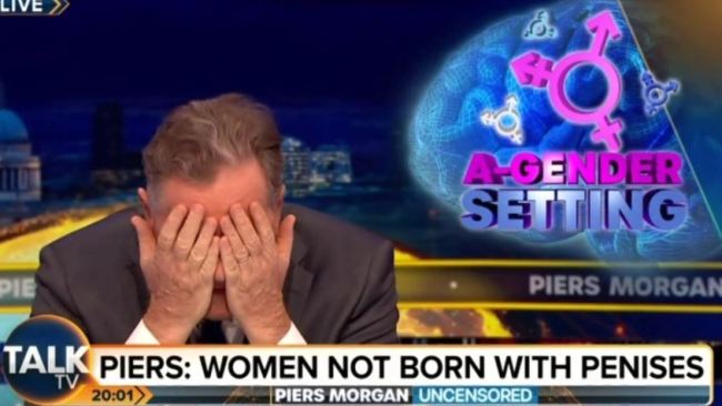 Piers Morgan held his head in his hands as he blasted the suggestion women could be born with a penis. Picture: Piers Morgan Uncensored