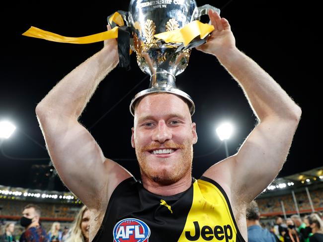 BRISBANE, AUSTRALIA - OCTOBER 24: Nick Vlastuin of the Tigers celebrates during the 2020 Toyota AFL Grand Final match between the Richmond Tigers and the Geelong Cats at The Gabba on October 24, 2020 in Brisbane, Australia. (Photo by Michael Willson/AFL Photos via Getty Images)