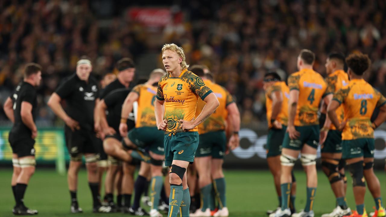 Carter Gordon of the Wallabies looks on during the The Rugby Championship &amp; Bledisloe Cup match against the All Blacks at Melbourne Cricket Ground on July 29, 2023 in Melbourne, Australia. (Photo by Cameron Spencer/Getty Images)