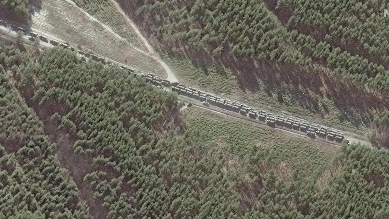 A closer view of the northern section of a convoy with more than 100 vehicles in this small section of road, southeast of Ivankiv, Ukraine. Picture: Maxar Technologies/AFP