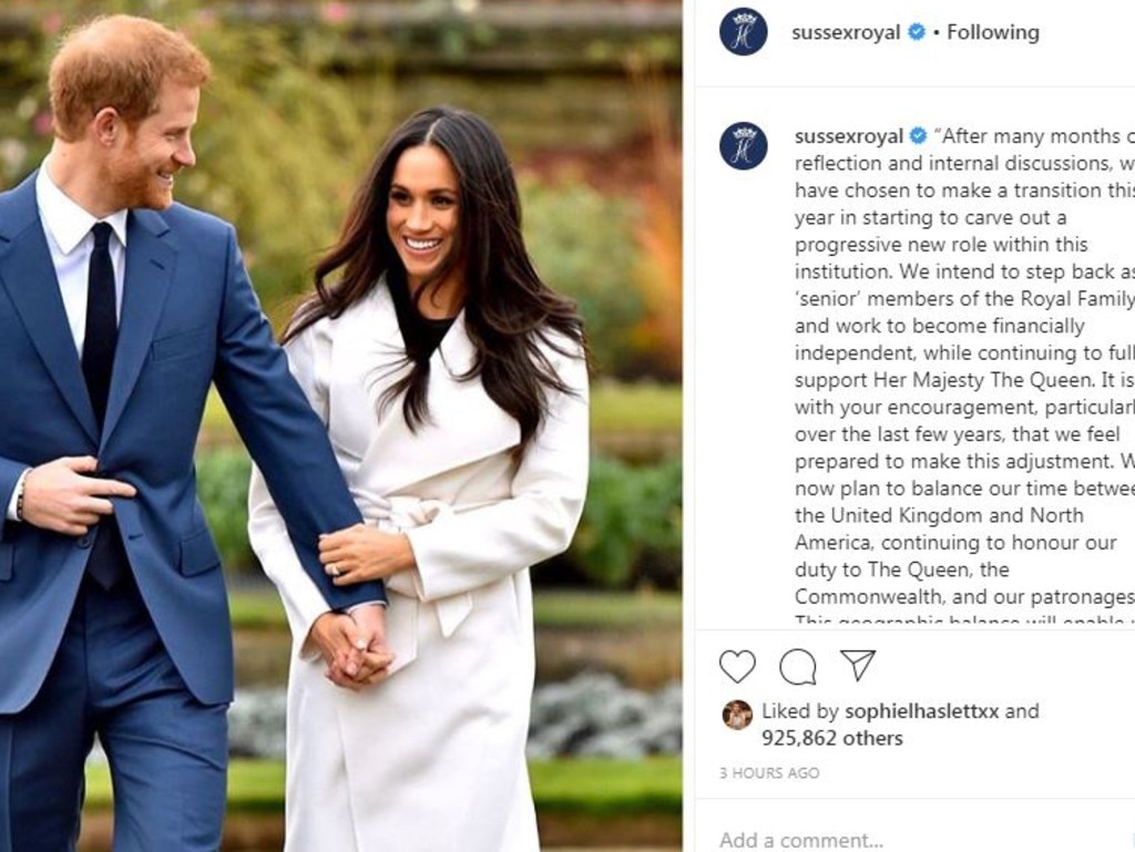 The couple announced their radical plans on social media. Picture: Sussex Royal