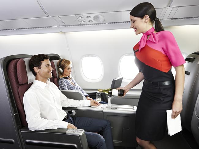 Business class dining on a Qantas A380. Picture: Qantas