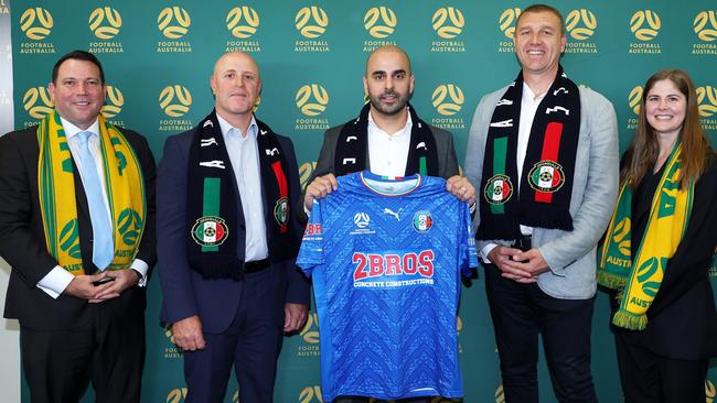 Avondale officials (centre three) Marino Mustica, Anthony Warden and Robert Marinkovic with James Johnson (left) and Natalie Lutz (right)