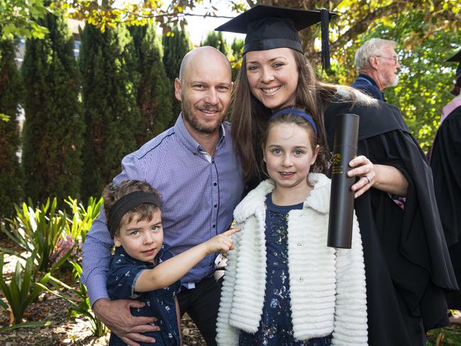 Bachelor of Education (Secondary) graduate Amber Le Petit with husband Dean Le Petit and their kids Micah and Esther at a UniSQ graduation ceremony at The Empire, Tuesday, October 29, 2024. Picture: Kevin Farmer