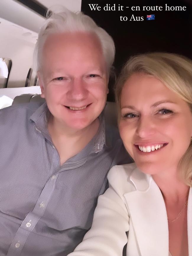 Australian lawyer Jennifer Robinson with Julian Assange onboard a private plane. Picture: Instagram