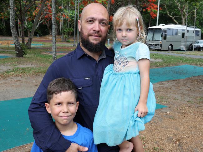 Palm Cove Holiday Park manager Paul Boswell with children Charlie, 7, and Sophia, 3. Picture: Liam Kidston