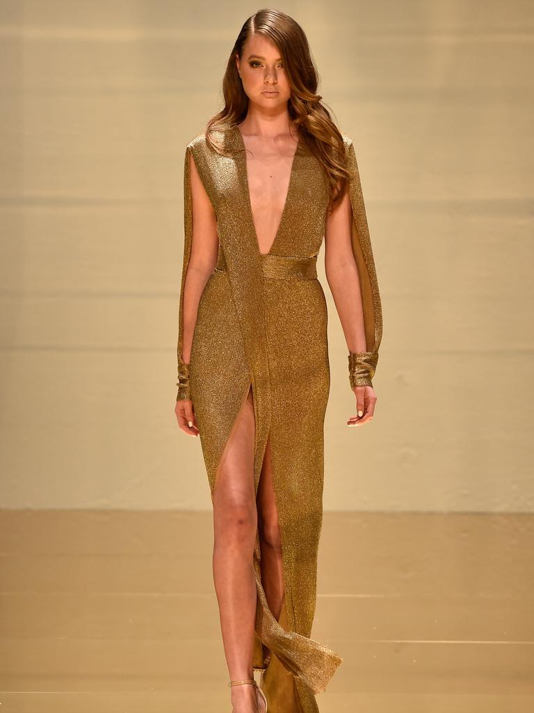 A model walks the runway during the Galanni show at Mercedes-Benz Fashion Week Australia 2015. Picture: Getty