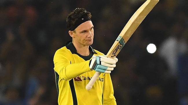 Peter Handscomb celebrates his maiden ODI century. Picture: AFP