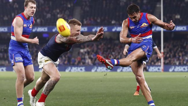 Jamarra Ugle-Hagan kicks the sealer against the Demons at Marvel Stadium. Picture: Darrian Traynor/Getty Images