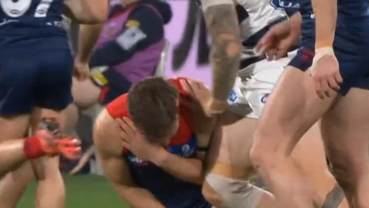 Tom Stewart pushed Jack Viney over while he was injured. Photo: Fox Sports.