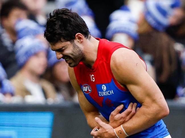 MELBOURNE, AUSTRALIA – JUNE 10: Christian Petracca of the Demons leaves the field injured during the 2024 AFL Round 13 match between the Collingwood Magpies and the Melbourne Demons at The Melbourne Cricket Ground on June 10, 2024 in Melbourne, Australia. (Photo by Dylan Burns/AFL Photos via Getty Images)