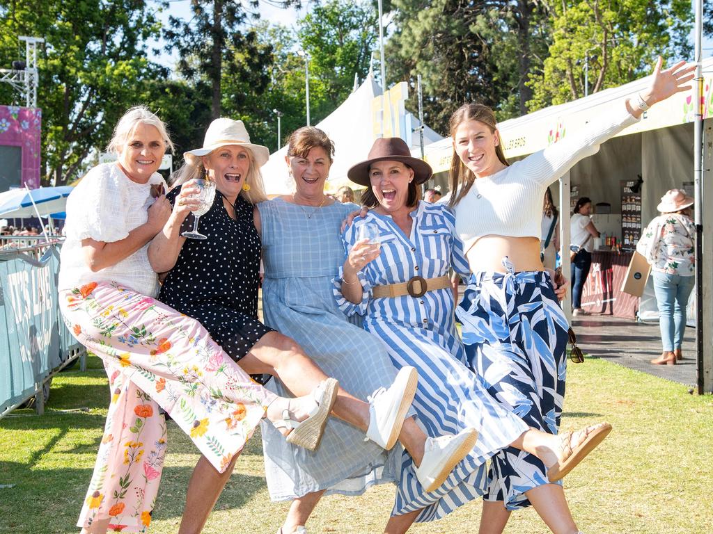 Sue Edwards (left), Sandy Bowyer, Jenny Veivers, Julie Robinson and Sian Veivers at the Toowoomba Carnival of Flowers Festival of Food and Wine, Sunday, September 15, 2024. Picture: Bev Lacey