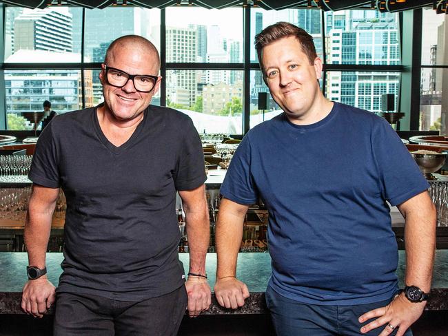 Heston Blumenthal and his former chef Ashley Palmer-Watts pictured at Dinner By Heston at Crown, Melbourne. Picture: Mark Stewart