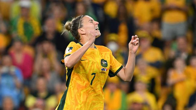 Steph Catley reacts after missing her penalty during the shootout. Picture: Getty